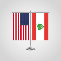 Table stand with flags of USA and Lebanon.Two flag vector. flag pole.Symbolizing the cooperation between the two countries.Vector table flags