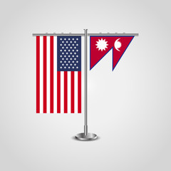 Table stand with flags of USA and Nepal.Two flag vector. flag pole.Symbolizing the cooperation between the two countries.Vector table flags