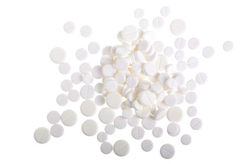 white pill capsule isolated on white background. Top view. Flat lay