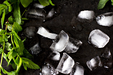 Ice cubes and mint leaves on a dark background.