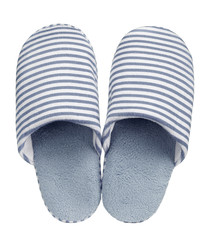 Grey striped slippers isolated on white background. Close up, high resolution