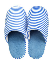 Blue striped slippers isolated on white background. Close up, high resolution