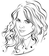 Original graphic portrait of a young girl with long wavy hair. Vector illustration