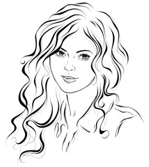 Original graphic portrait of young fashion girl with long wavy hair. Vector illustration