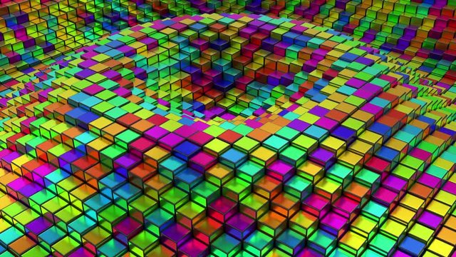 Colorful metallic shiny cubes moving up and down in ripples.
Loop ready animation of multi colored surface.