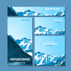 A set of banners, a site header, a business card with a view of the mountains. Rocky mestnost. Horizontal and vertical arrangement with soft shadows. Isolated on a blue background. vector  