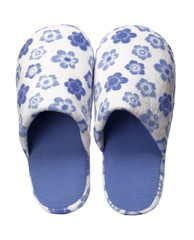 Blue slippers with flower print isolated on white background. Close up, high resolution
