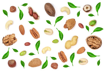 mix of different nuts decorated with green leaves isolated on white background, Flat lay pattern, Top view