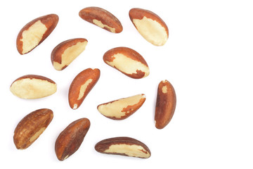 Brazil nuts isolated on white background closeup with copy space for your text. Top view. Flat lay