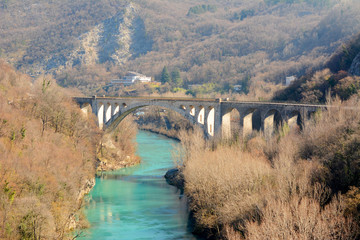 Historical Solkan bridge over Soca river, Nova Gorica, Slovenia, Europe.