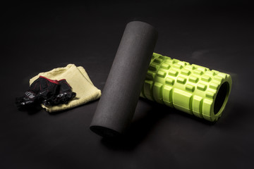 Equipment for fitness training, yoga, self massage, relaxing muscles and correct sitting (foam roller, overball and medical seat pad)