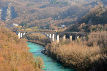 Historical Solkan bridge over Soca river, Nova Gorica, Slovenia, Europe.