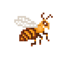 Fototapeta premium Flying honey bee, old school pixel art icon isolated on white background. Wildlife insect sign. Beekeeping logo. Eco honey farm emblem. 8 bit slot machine pictogram. Retro 80s; 90s video game graphics