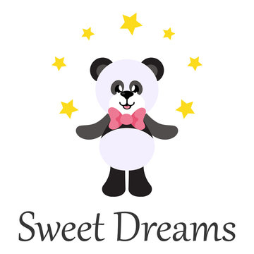 cartoon panda with tie and stars with text