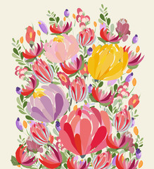 Greeting card flowers. Floral illustration with field flowers in vintage style. Spring, summer