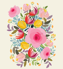 Greeting card flowers. Floral illustration with field flowers in vintage style. Spring, summer