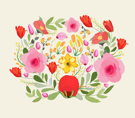 Greeting card flowers. Floral illustration with field flowers in vintage style. Spring, summer