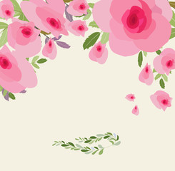 Greeting card flowers. Floral illustration with rose flowers in vintage style. Spring, summer