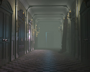 3d render of an old dark misty hallway lit with candles