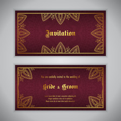 Luxury wedding invitation with golden ornament. Vector illustration