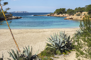 Mediterranean beach, Cala Gracio, town of Sant Antoni, Ibiza island,Spain.