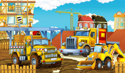 cartoon scene with funny construction site cars - illustration for children