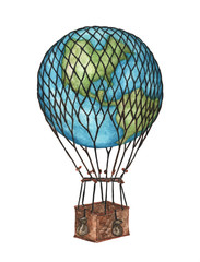 Fototapeta premium Globe hot air balloon basket on white background, Watercolor illustration. 