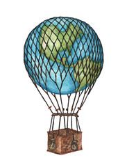 Naklejka premium Globe hot air balloon basket on white background, Watercolor illustration. 