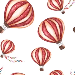 Tapeten Aquarell nahtlose Muster mit Cartoon-Heißluftballon. Transport Ornament mit Fahnengirlanden auf weißem Hintergrund © Khaneeros