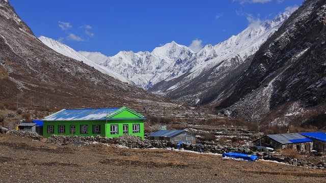 High mountains Gangchenpo and others seen from Mundu, Langtang valley.