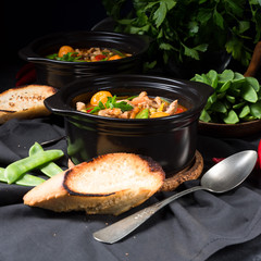 strips of pork  with sugar peas and other vegetables