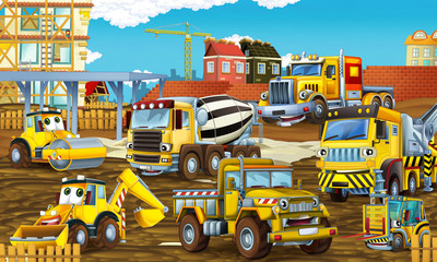 cartoon scene with different happy construction site vehicles - illustration for children