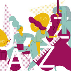 A FANTASTIC JAZZ TRIO. DRUMS, DOUBLE BASS AND PIANO.
Serie of funny illustrations with cool musicians and instruments.
