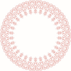 Oriental round frame with arabesques and floral elements. Floral pink border with vintage pattern. Greeting card with place for text