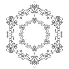 Oriental pattern with arabesques and floral elements. Traditional classic black and white round ornament. Vintage pattern with arabesques