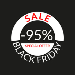 95% sale tag or discount icon. Save 95 percent of price. Black Friday design template.  Vector illustration.