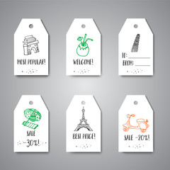 Gift tags with Travel hand drawn design. Labels for tourism items. Collection of printabels. Tag with sale offers Vector