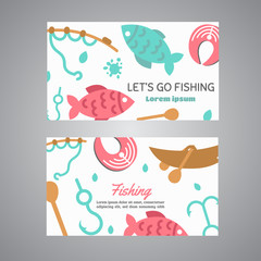 Fishing card. Lake time text. Banners with quotes about fishing. Flat fish icons, with net or rod. Salmon steak and boat, fisher tackles, baits