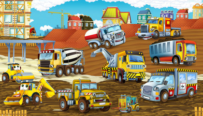 Obraz na płótnie Canvas cartoon scene with different happy construction site vehicles - illustration for children