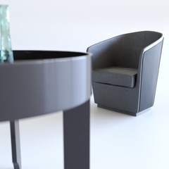 3D rendering. Armchair and coffee table.