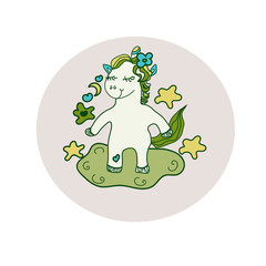 Cute unicorn greeting card. Magical unicorn vector poster.