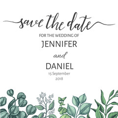 Hand drawn wrdding illustration eucalyptus, succulent flowers.