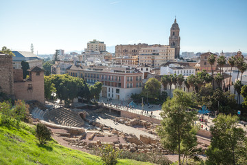 Fototapeta na wymiar Malaga skyline with top attraction The Roman Theatre and Cathedral