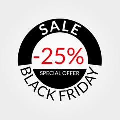 25% sale tag or discount icon. Save 25 percent of price. Black Friday design template.  Vector illustration.