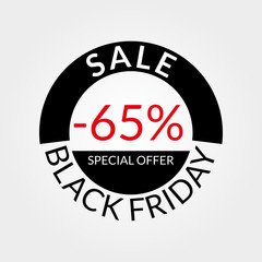 65% sale tag or discount icon. Save 65 percent of price. Black Friday design template.  Vector illustration.