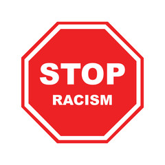 Stop racism icon. Motivational poster against racism and discrimination. Many hands of different races together in a circle. Vector Illustration