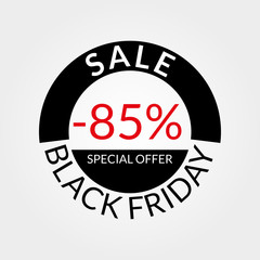 85% sale tag or discount icon. Save 85 percent of price. Black Friday design template.  Vector illustration.
