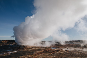 Fototapeta na wymiar beautiful icelandic landscape with steam from geothermal hot springs, reykjanes, Gunnuhver Hot Springs, iceland