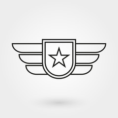 Wings with shield icon. Military and army badge. Pilot logo. Vector illustration. 