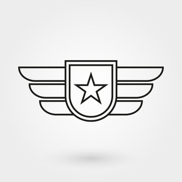 Wings with shield icon. Military and army badge. Pilot logo. Vector illustration. 